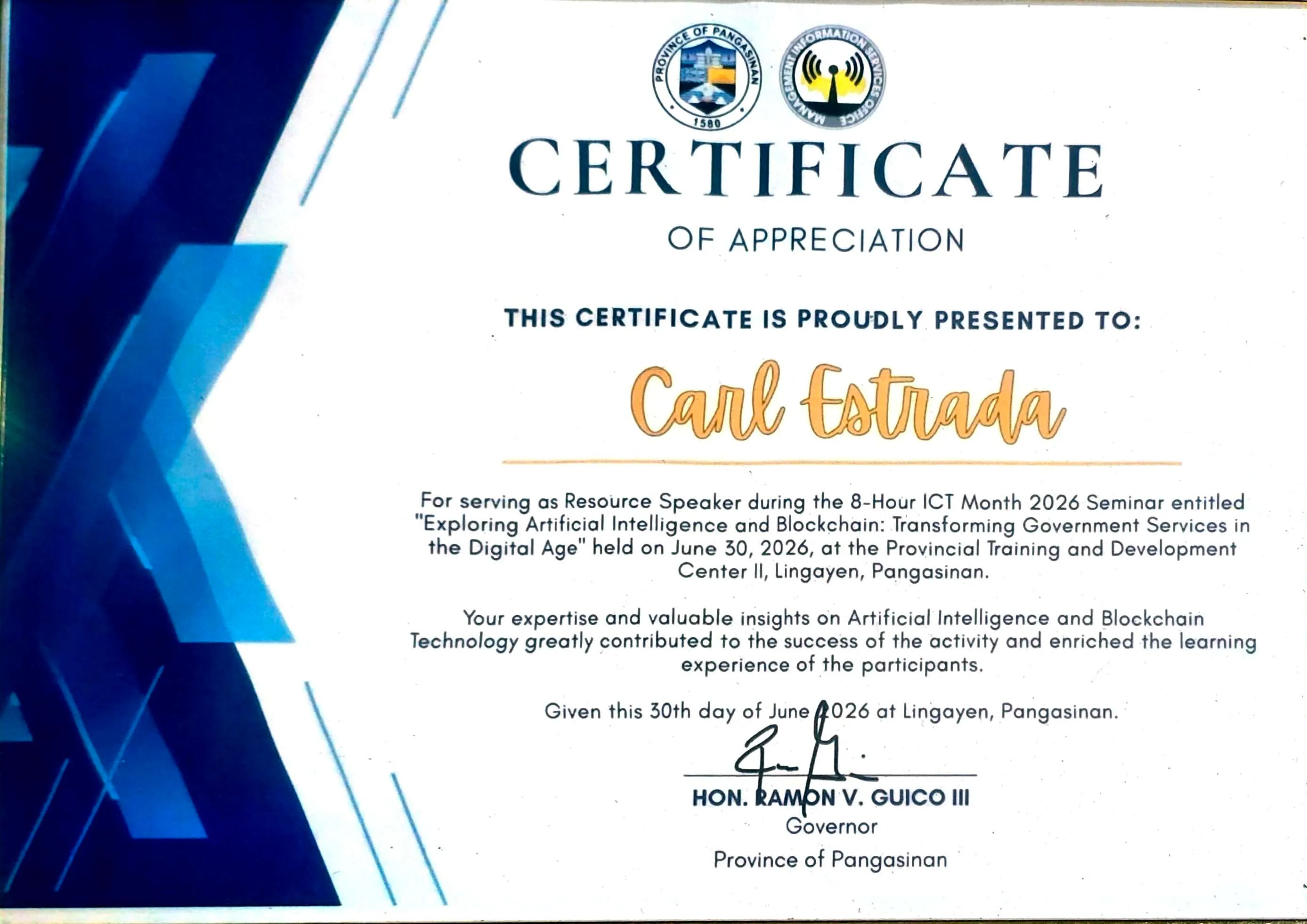 Resource speaker, Exploring Artificial Intelligence and Blockchain: Transforming Government Services in the Digital Age